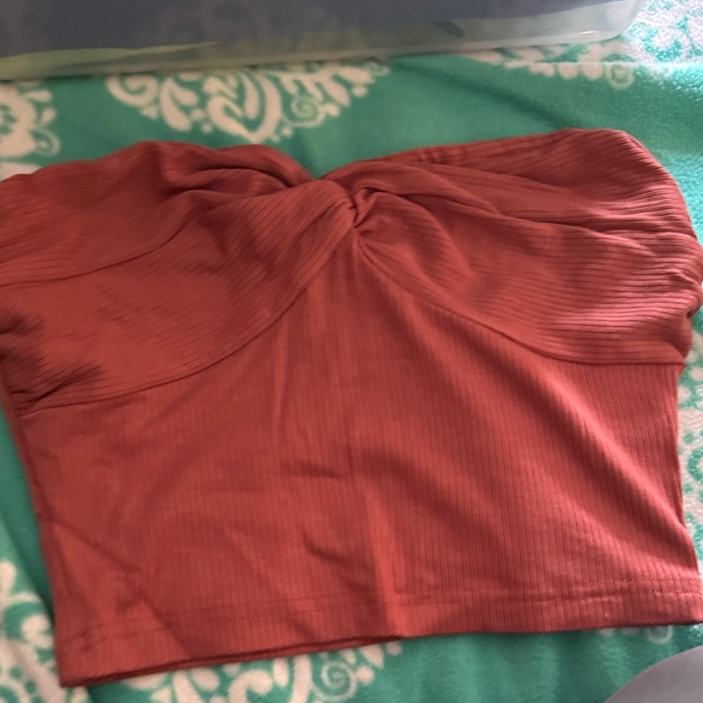 Women's Strapless Twist Ribbed Crop Top - Rust